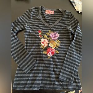 Johnny Was Striped Long Sleeved Embroidered Shirt size medium